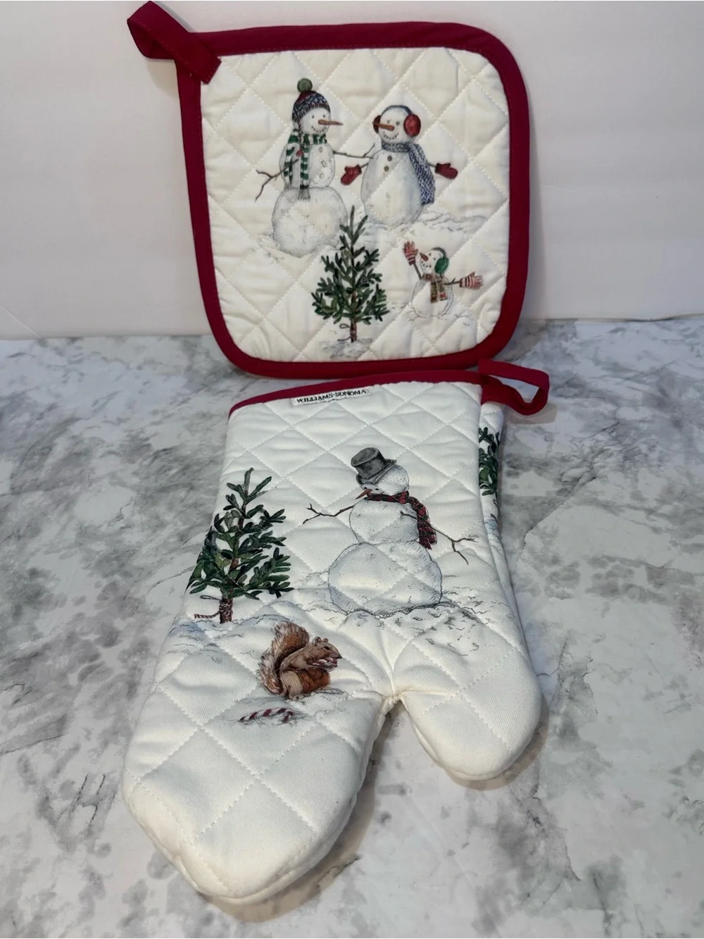 Williams Sonoma Snowman Christmas Oven Mitt & Potholder Set Winter Holiday